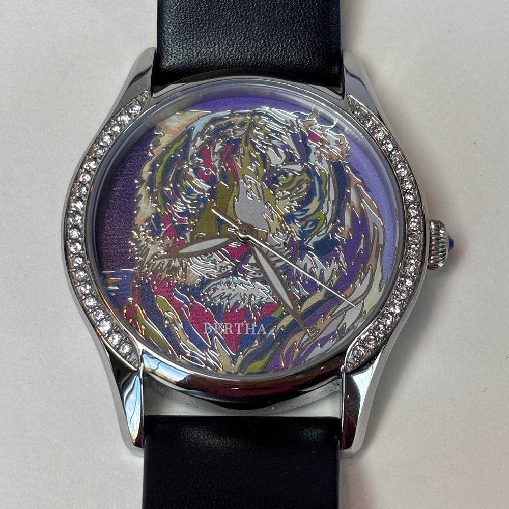 Tiger Head Watch With Black Leather Band by Bertha.